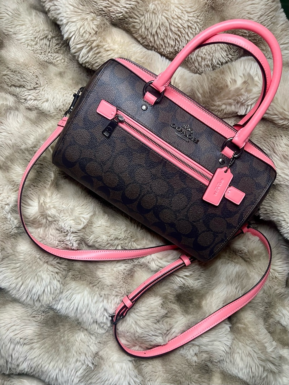 Coach Rowan Med Satchel Sig dark brown coated canvas w watermelon trim MSRP $398